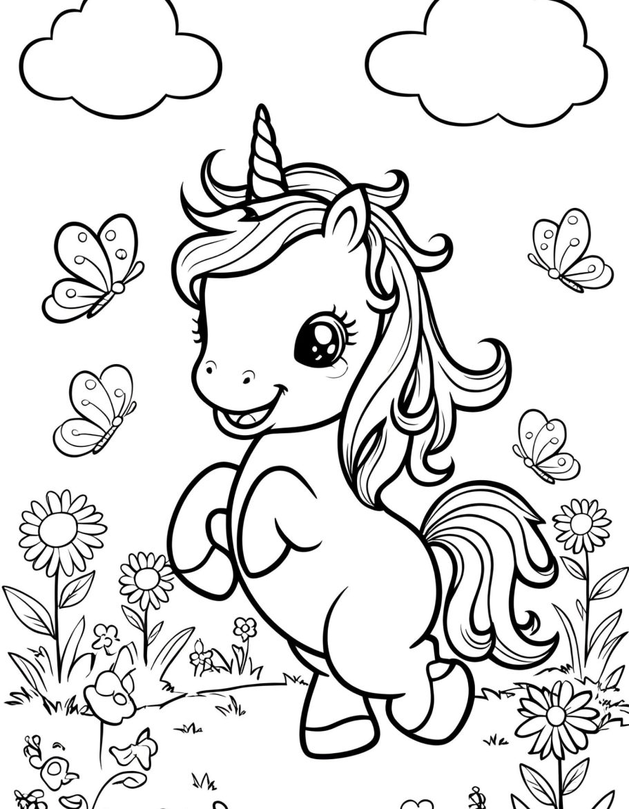 Einhorn mit lockigem Haar, umgeben von Blumen und Schmetterlingen unter Wolken.