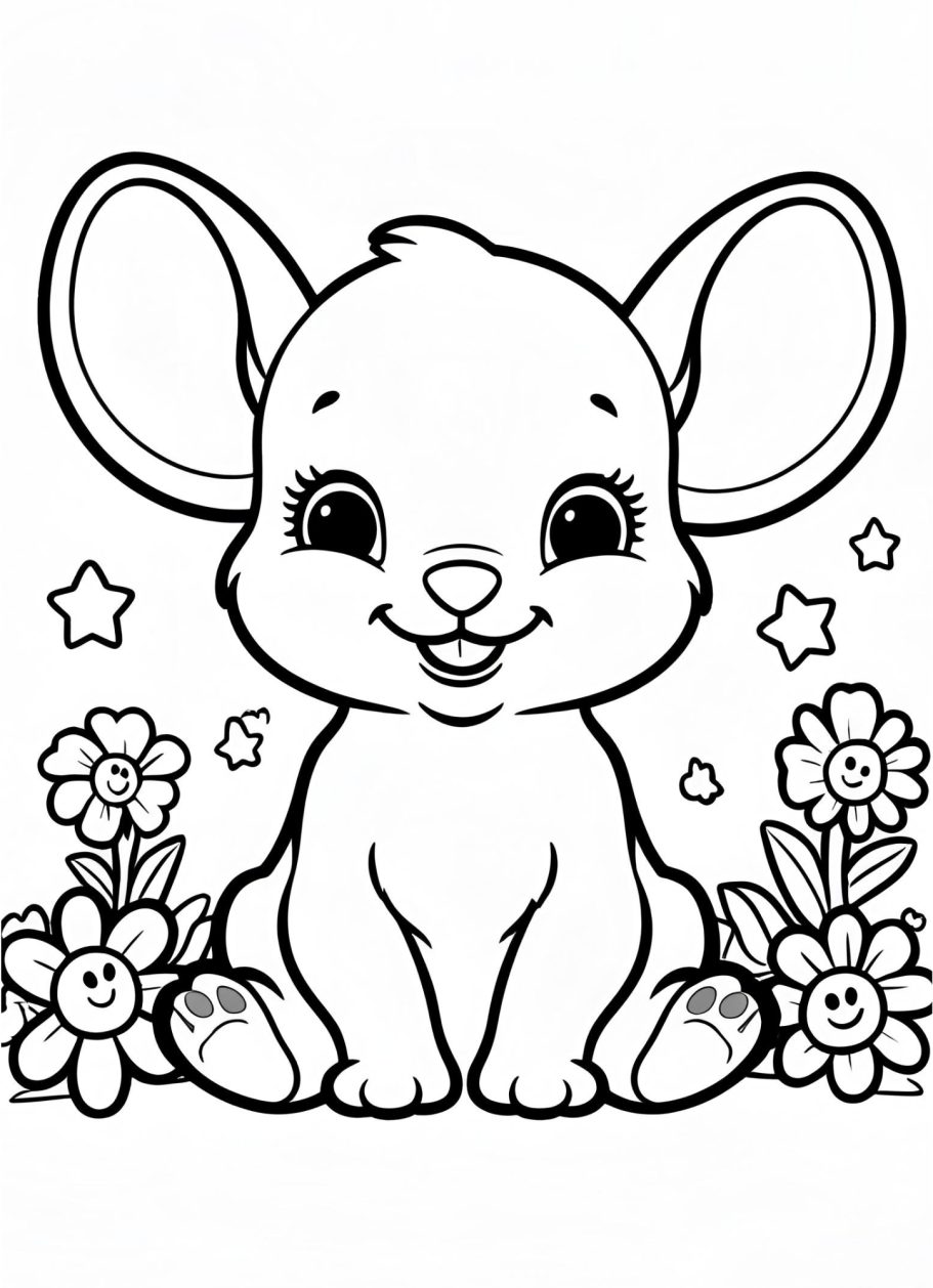 Ein niedliches, lächelndes Tier mit großen Ohren, umgeben von Blumen und Sternen.