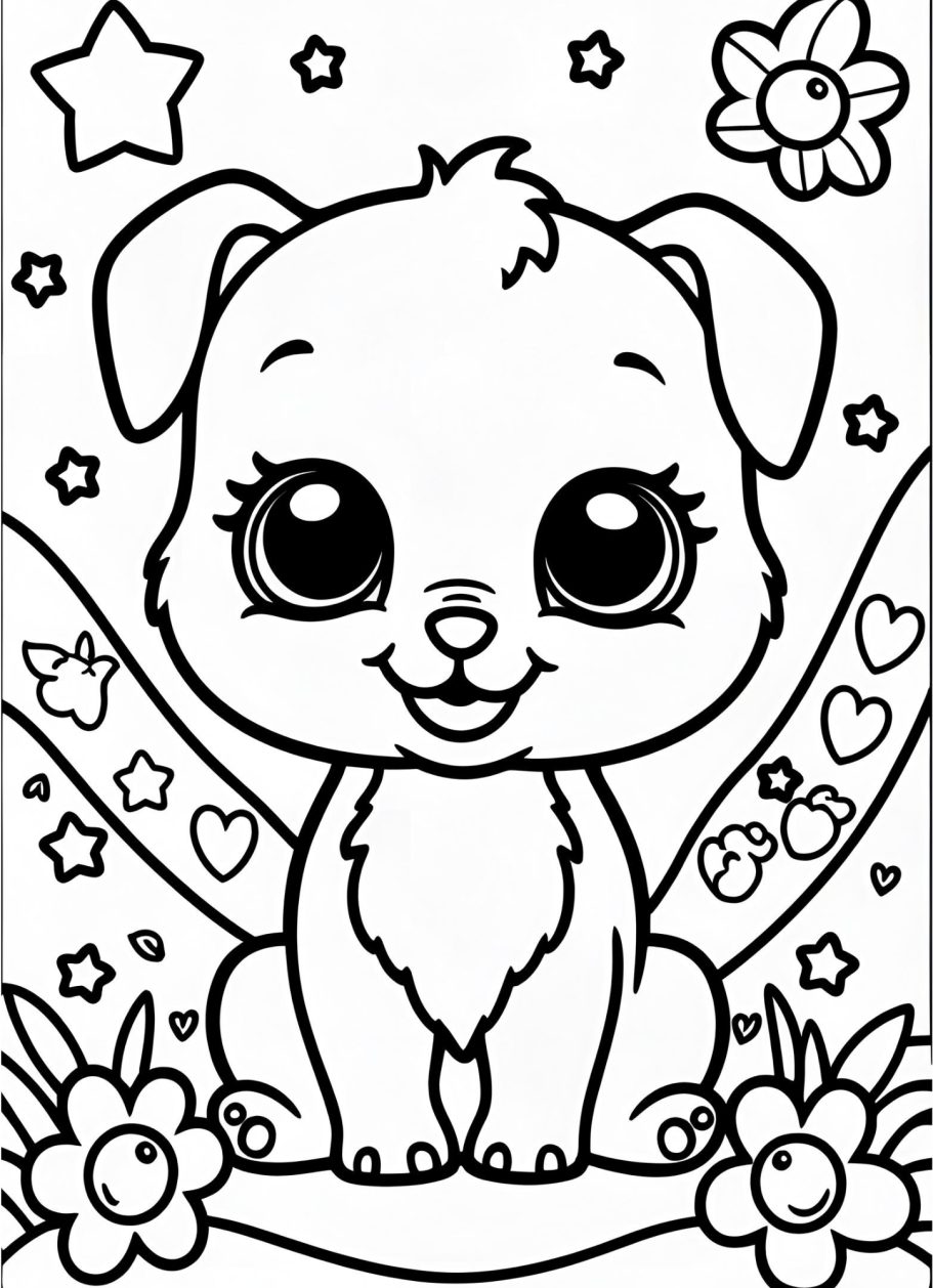 Kätzchen mit großen Augen, umgeben von Blumen und Sternen, in einer Ausmalvorlage.