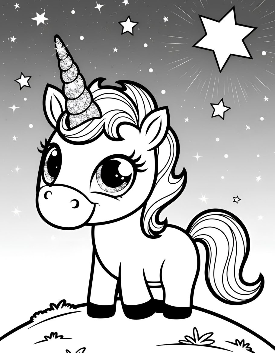 Ein einhörniges Pony mit großen Augen auf einem Hügel vor einem sternenklaren Himmel.