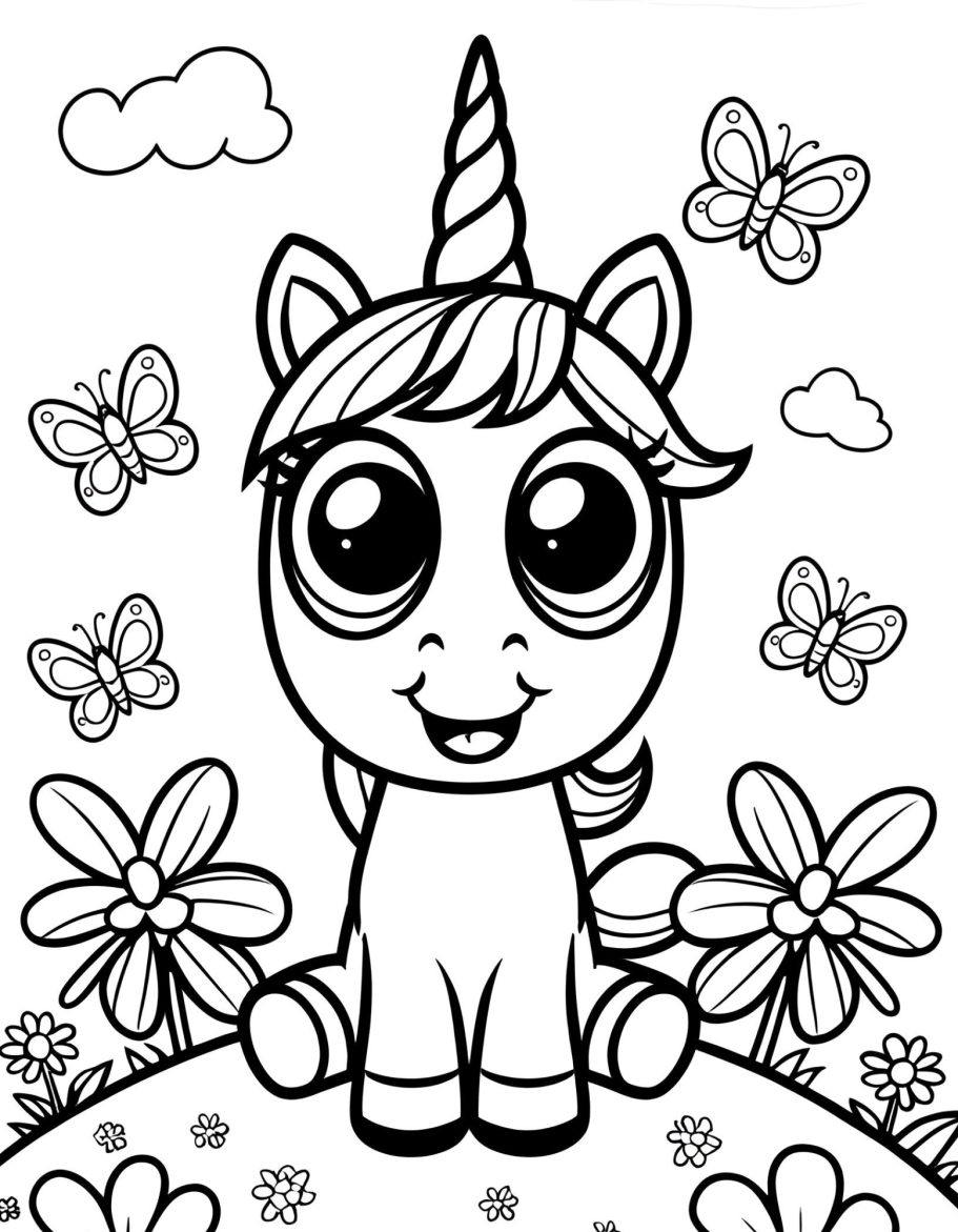 Lustiges Einhorn mit großen Augen, umgeben von Blumen und Schmetterlingen.