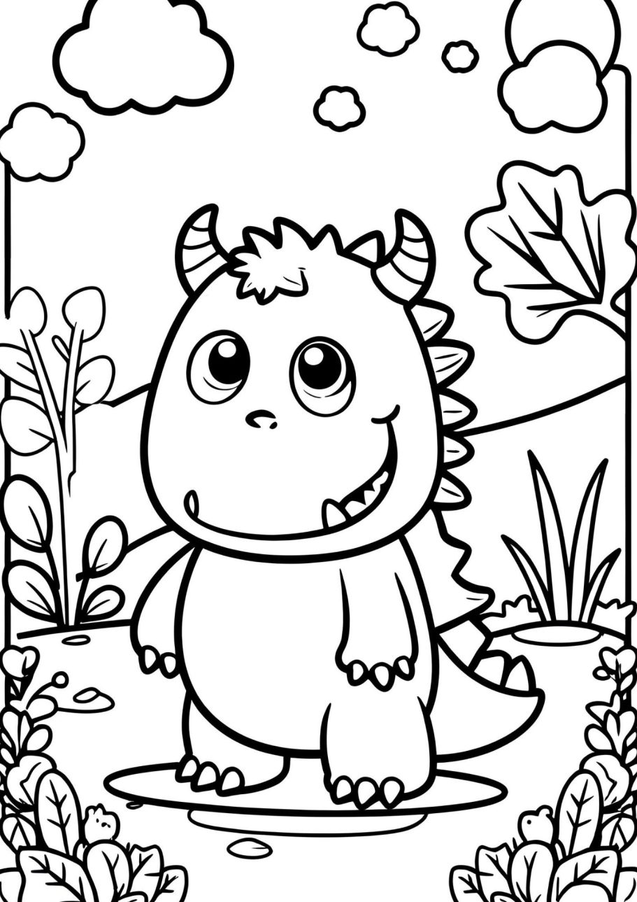 Lustiges, freundlich aussehendes Monster in einer bunten Landschaft mit Pflanzen und Himmel.