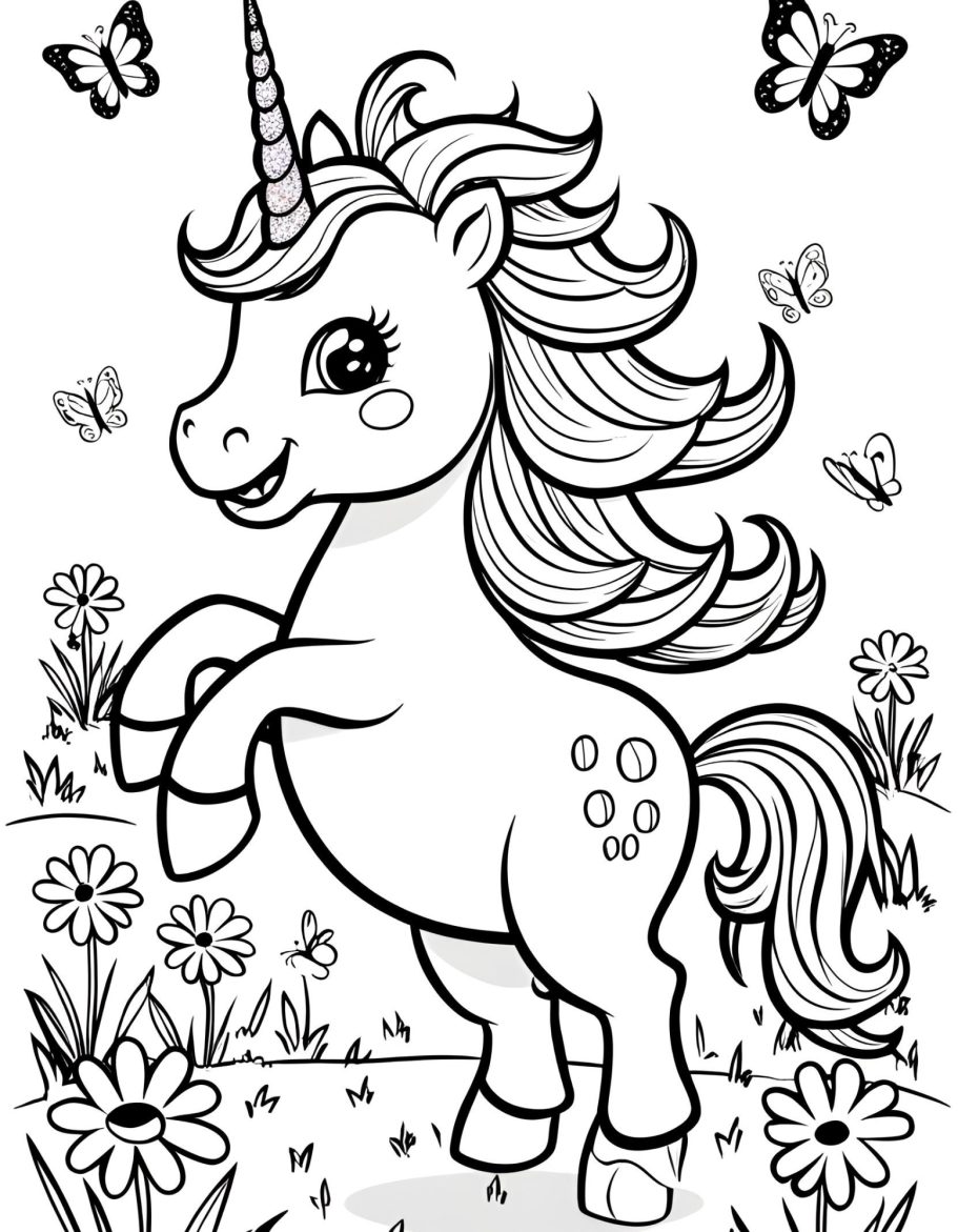 Ein spielendes Einhorn umgeben von Blumen und Schmetterlingen.