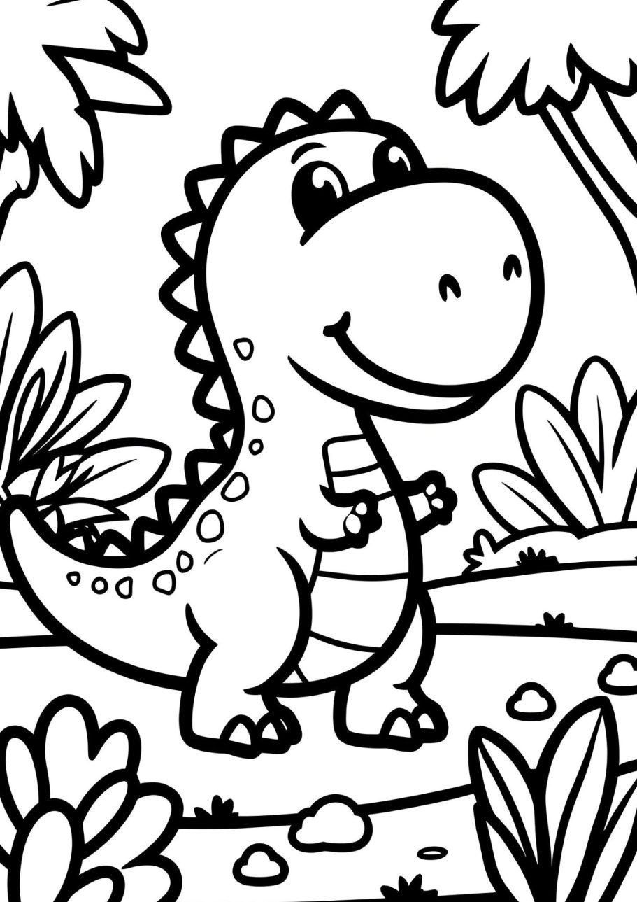 Ein fröhlicher Dinosaurier steht in einer bewaldeten Landschaft mit Pflanzen.