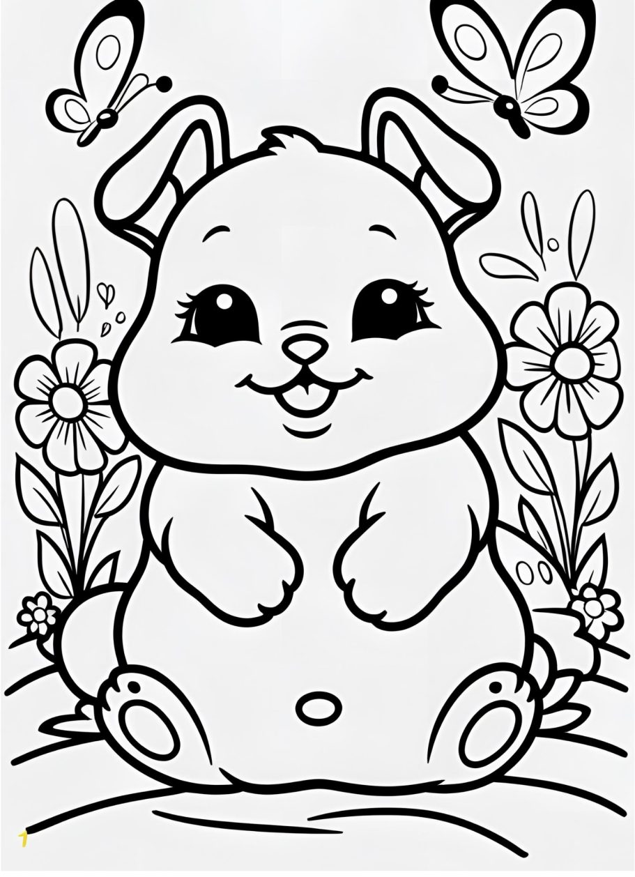 Ein süßer, lächelnder Hase sitzt umgeben von Blumen und Schmetterlingen.