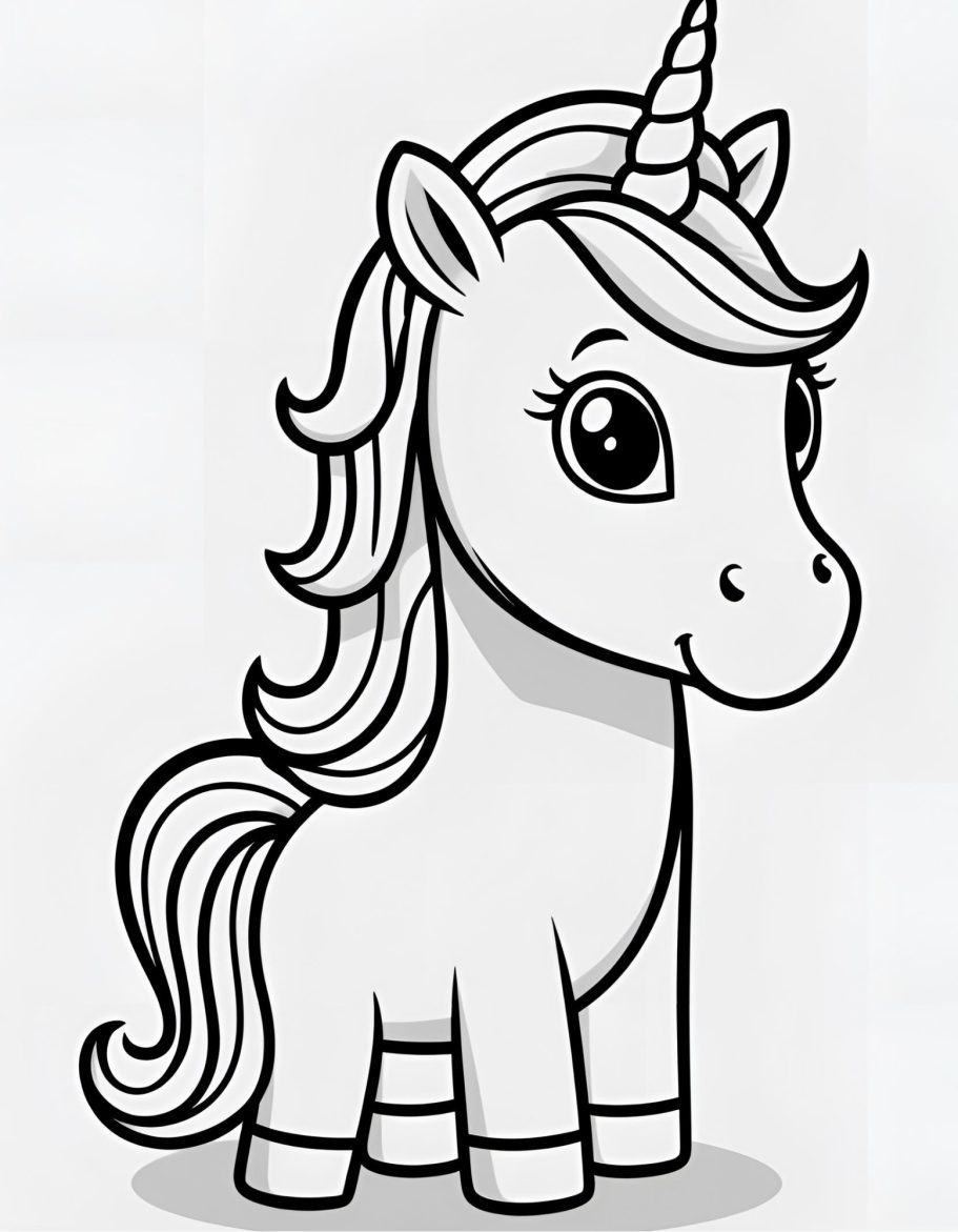 Ein einfarbiges Einhorn mit großen Augen und einem Horn.