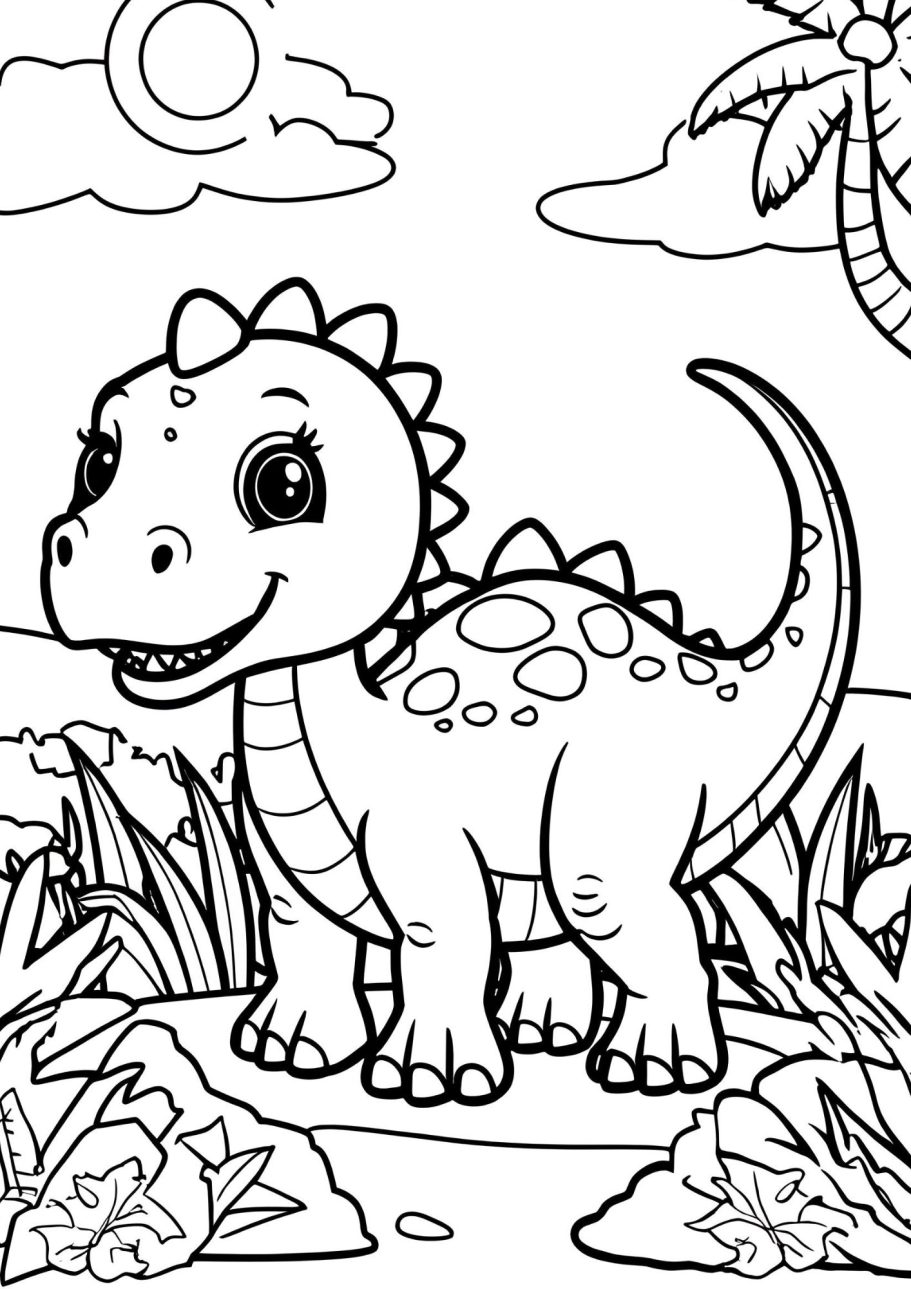 Ein niedlicher Dinosaurier mit spitzen Stacheln in einer fantasievollen Landschaft.