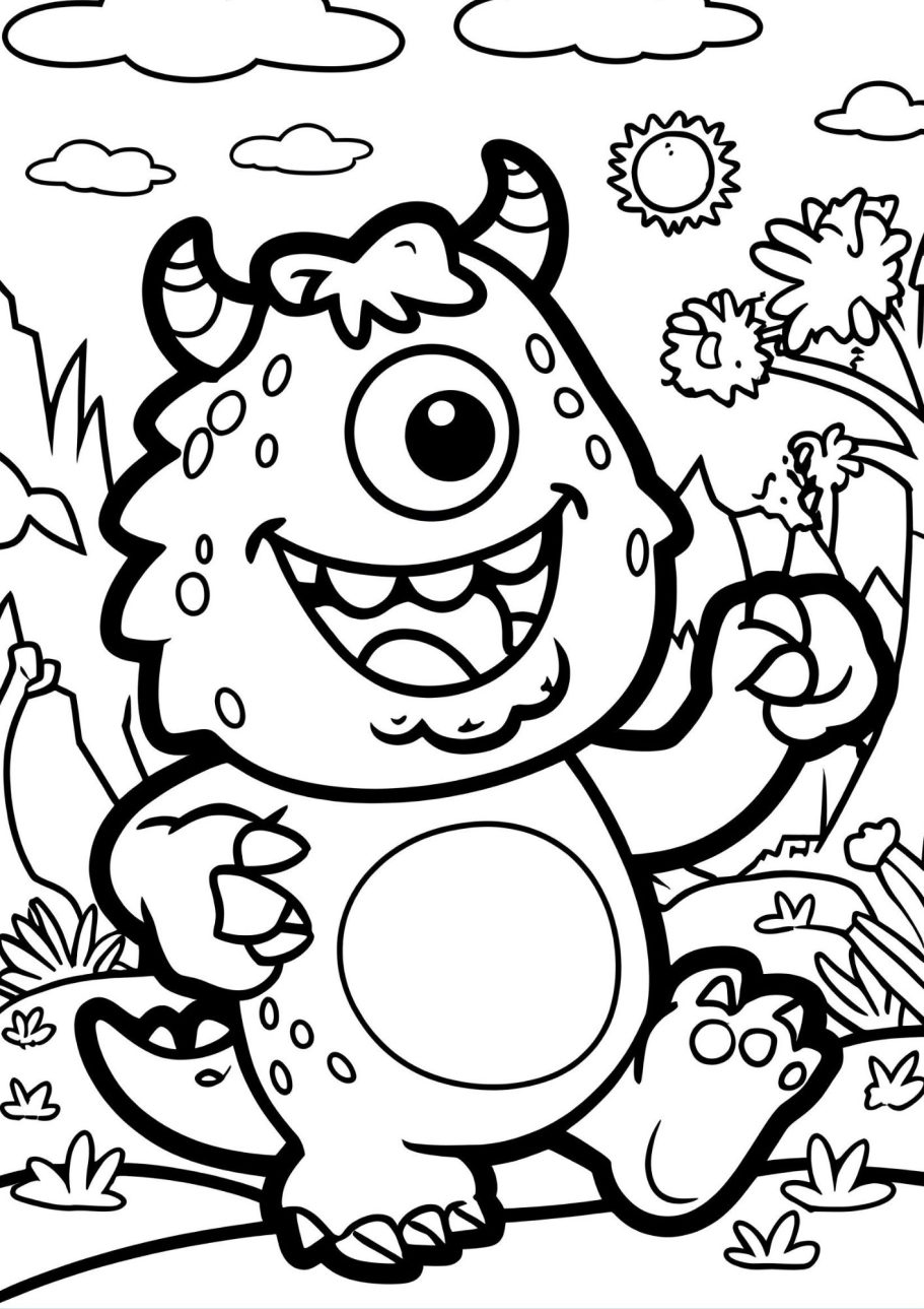 Ein fröhliches, einäugiges Monster mit Hörnern in einer bunten Landschaft.