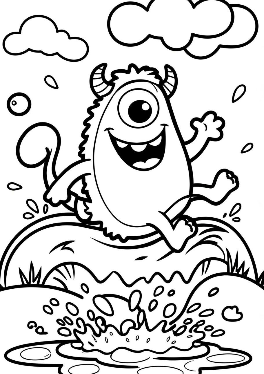 Ein fröhliches, einäugiges Monster, das auf einem Wasserfall spielt und spritzt.