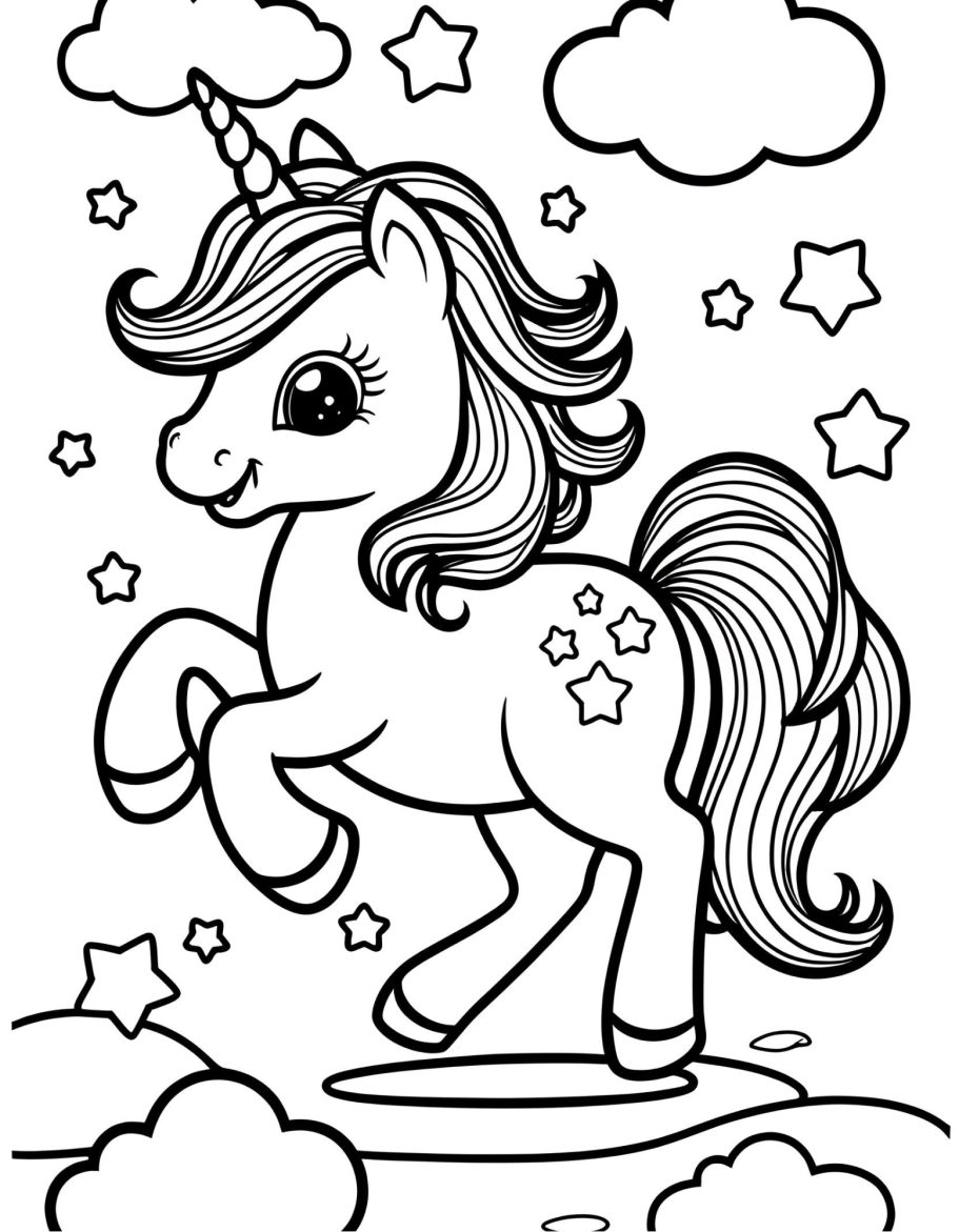 Ein strahlendes Einhorn mit Sternen und Wolken im Hintergrund.